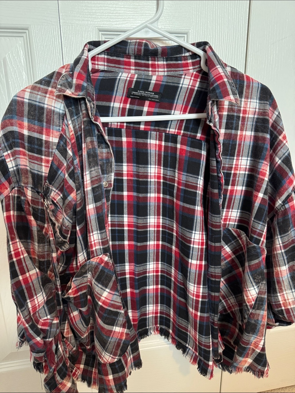 Zara Red, Black & White Plaid Button-Down Shirt Jacket